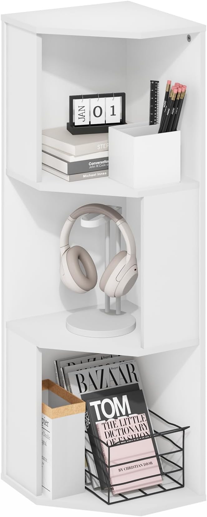 Furinno ECON Corner Shelf, 3-Tier Corner Book Shelf, Storage Shelves, Display Rack, Bookshelf, for Organization and Storage, 