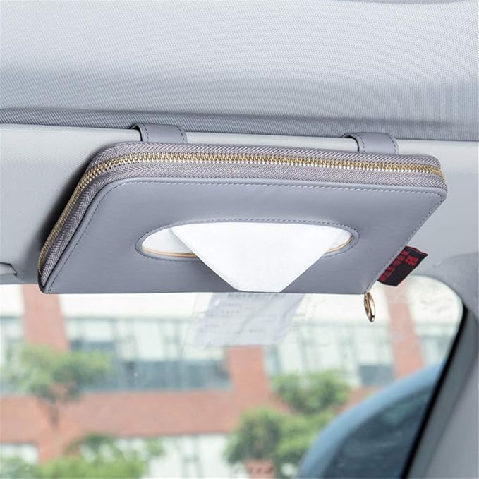 Car Sun Visor Tissue Holder, Napkin Holder, PU Leather Backseat Tissue Case Holder for Car Vehicle with Zipper (Grey)