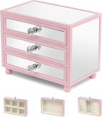Gifturbo Pink Jewelry Box for Women Girl Wife 3 Layers Large Mirror Glass Jewelry Organizer Storage Case with Three Drawers D