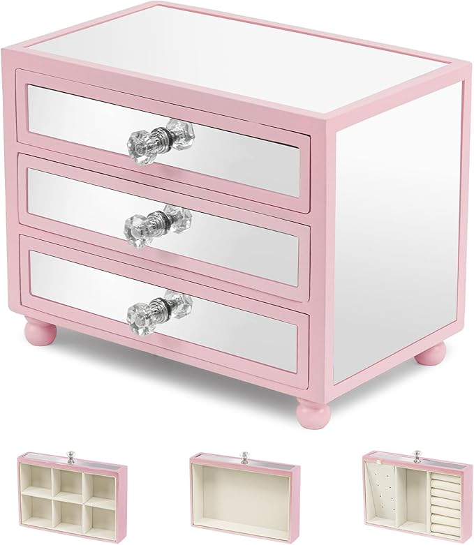 Gifturbo Pink Jewelry Box for Women Girl Wife 3 Layers Large Mirror Glass Jewelry Organizer Storage Case with Three Drawers D