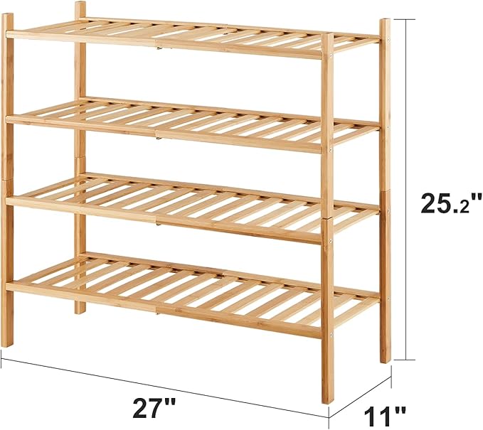 viewcare 4-Tier Bamboo Shoe Rack for Entryway, Stackable | Foldable | Natural, Shoe Organizer for Hallway Closet, Free Standi