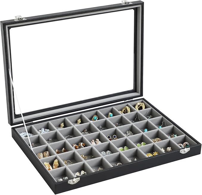 Stratalife Jewelry Organizer 40 Grid Gray Black Jewelry Tray with Clear Dust-proof Lid Velvet Earring Organizer Necklace Ring