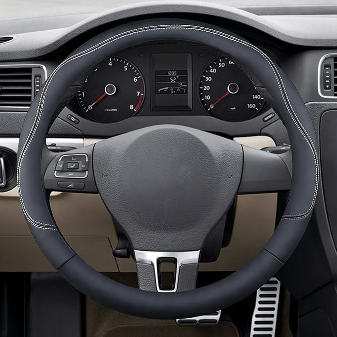 Craedli 14.5-15 Inch Leather Car Steering Wheel Cover, Non-Slip Breathable Auto Steering Wheel Protector Cover, Universal Veh