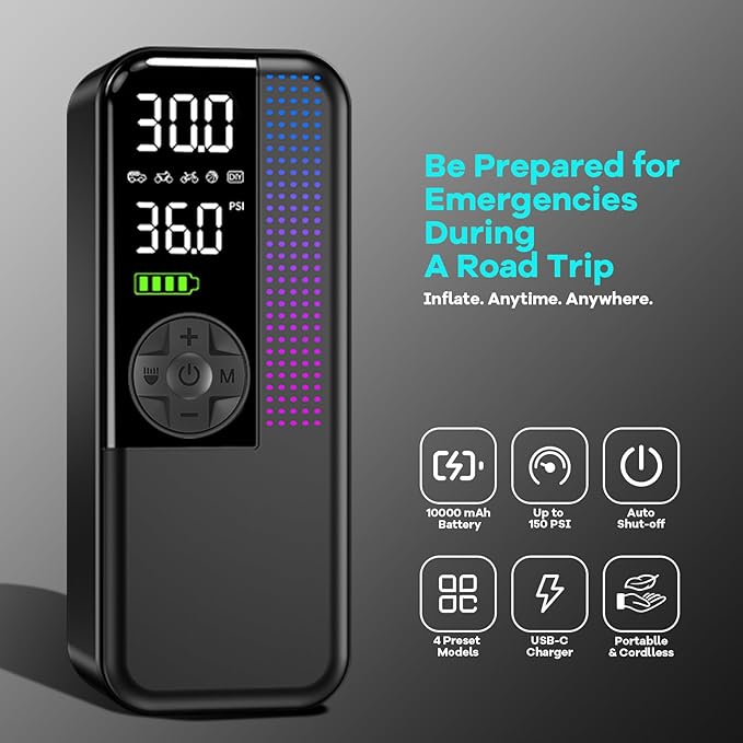 Tire Inflator Portable Air Compressor,150 PSI Cordless Air Pump, 12V DC Car Plug,Dual Power 10000mAh, Fast Inflation 24L/Min, 4 Preset Modes for Car, Bike, Motorcycle, Balls (Black, 10000mAh)