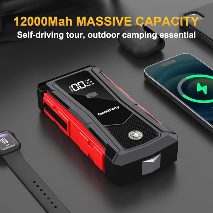 600A Jump Starter -12V Lithium Battery Booster Pack, Portable Jump Box, 12000mAh Power Bank & Jumper Cables - for 4.0L Gas and 2.0L Diesel Engines. Suitable for Car/SUV, Motorcycles, Trucks, Yacht