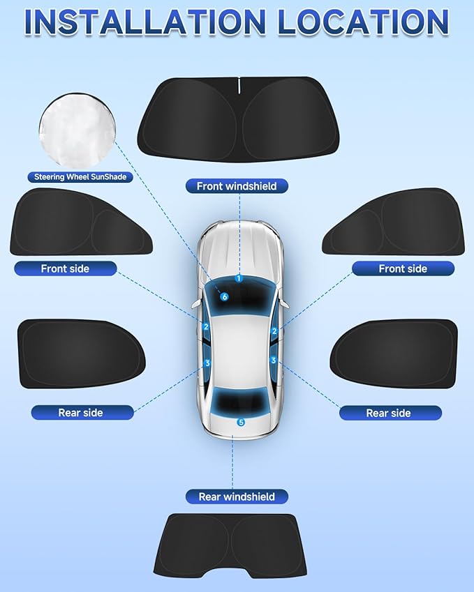 6PCS Window Shades for Toyota Camry(2018-2024) Accessories – Full Coverage Sun Shade for Side Windows, Rear Triangular & Windshield – UV Protection & Privacy for Camping, Napping, Relaxing