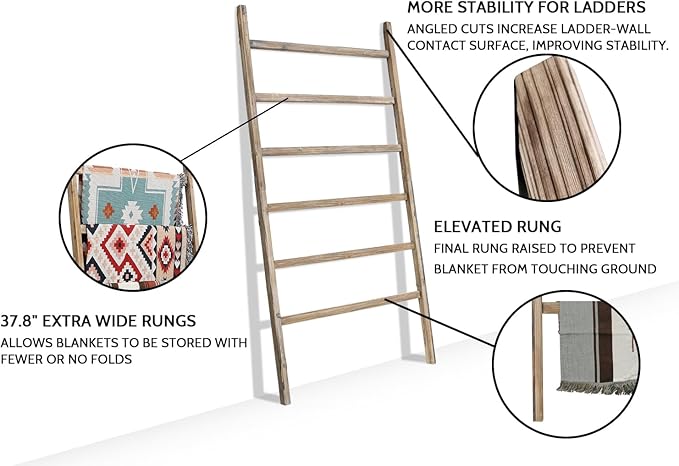 FUIN Extra Wide 6.4ft Wooden Blanket Ladder Living Room Decorative Wal Leaning Farmhouse Quilt Display Holder Rustic Wood Tow