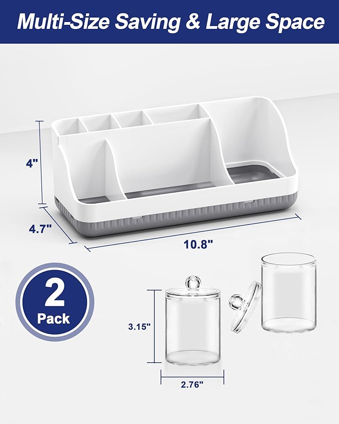 Bathroom Counter Organizer and Storage with 2 Pack Qtip Holder Dispenser, 7 Slots Detachable Toothbrush Holders for Bathrooms