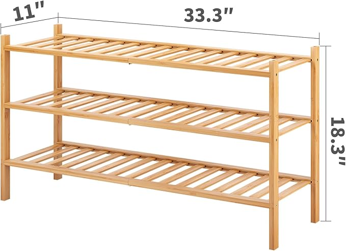Long Shoe Rack, 3-Tier Bamboo Stackable Shoe Shelf Storage Organizer, Shoe Stand for Closet, Entryway and Hallway