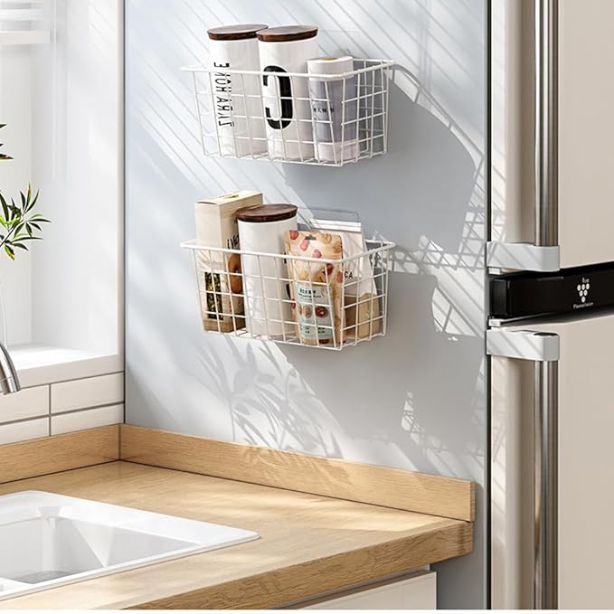 Adhesive Basket Wall Wire Basket Over the Cabinet Door Organizer No Drilling Mounted 4 Pack, White