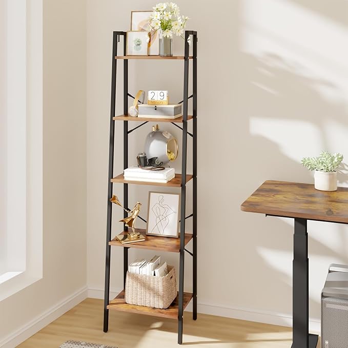 Hzuaneri Ladder Shelf, Bookshelf Bookcase, Freestanding Corner Storage Shelve with 2 Hooks for Home Office, Living Room, Kitc