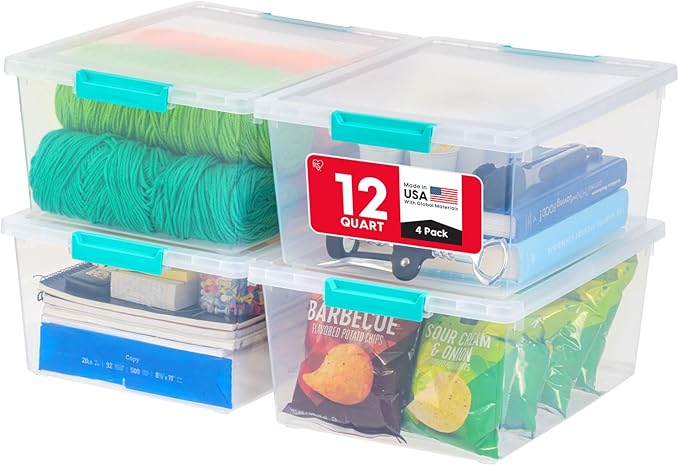 IRIS USA 12 Qt. Craft Storage Bins with Lids, 4-Pack, |Made in USA|, Clip Box, Medium Plastic Sensory Bin Tote Organizer Cont