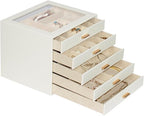 Jewelry Box with Glass Lid, 5-Layer Jewelry Organizer for Women Girls, PU Leather Display Case with 20-Grid Earring Tray & Mo