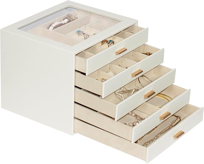 Jewelry Box with Glass Lid, 5-Layer Jewelry Organizer for Women Girls, PU Leather Display Case with 20-Grid Earring Tray & Mo