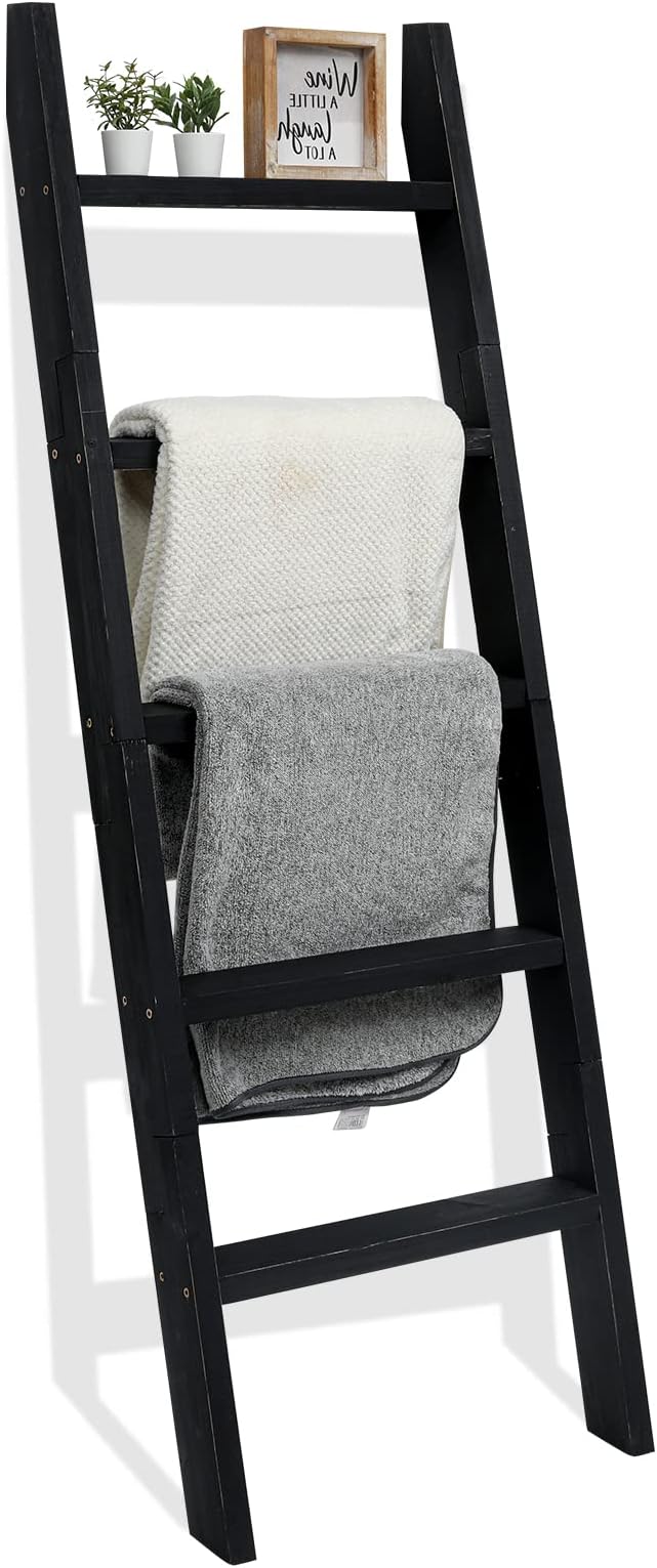 FUIN 5ft (58") Wood Blanket Ladder Living Room Decorative Wall Leaning Farmhouse Quilt Display Holder Shelf Rustic Wooden Tow