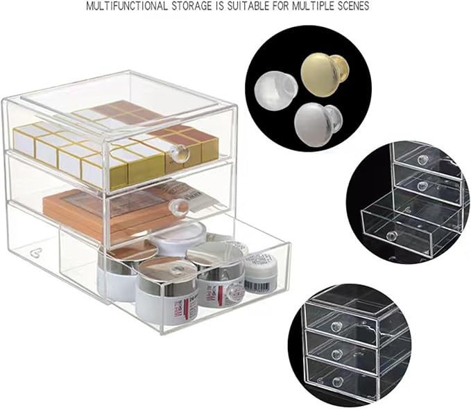 AJIODA Makeup Drawer Organizer Box with 3 Drawers, Acrylic Cosmetic Display Case Vanity Organizer Jewelry Storage Box Stackab
