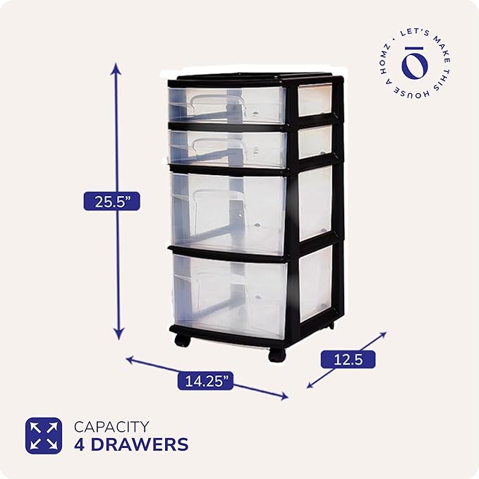 HOMZ Drawer Tower, 4-Tier Clear Plastic Storage Organizer Cart, Black Frame - Multi-Purpose Rolling Drawers with Wheels for B