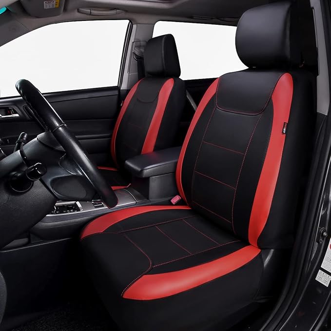 Flying Banner car seat Covers Protects Water Proof Faux Leather Carbon Fiber Front and Rear Bench (Red Black, Full Set - 9PCS