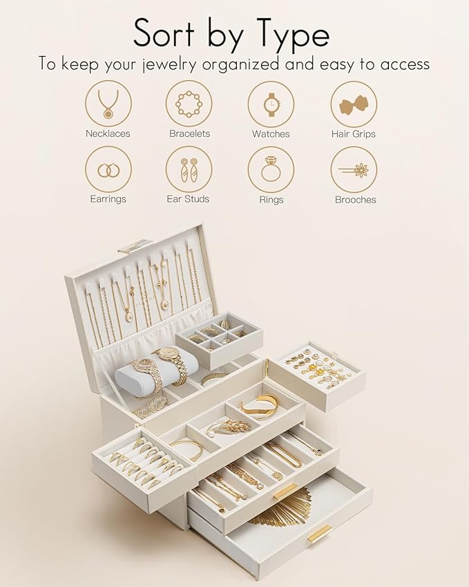 Vlando 4 Layers Jewelry Box - Women Jewelry Box with Retractable Tray - Jewelry Organizer with Drawer for Necklaces, Rings, B