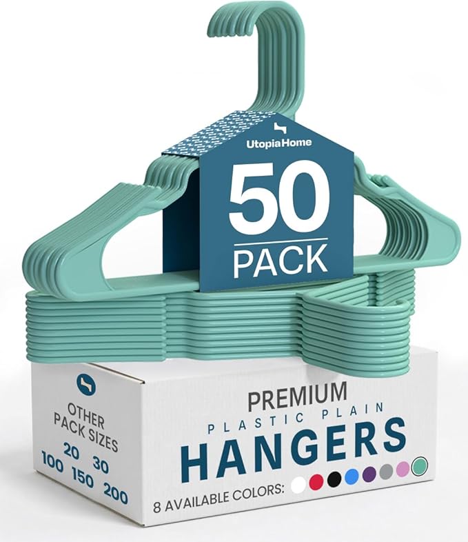 Utopia Home Plastic Hangers 50 Pack, Space Saving Plastic Clothes Hangers for Adults with Built-in Strap Hooks, Essential for