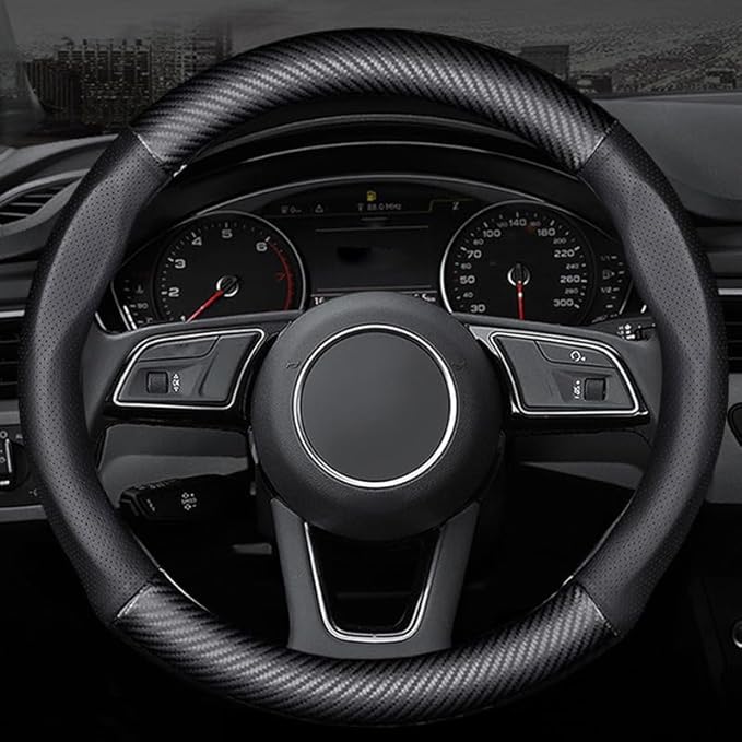 Car Steering Wheel Cover Fusion Carbon Fiber Premium Leather Non-Slip, Breathable, Trendy Accessories with Car Logo,for Accessories (Old-Old)