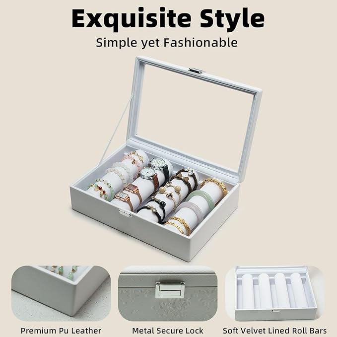 Bracelets Organizer Rods Bangles Display Holder, Clear See through Lid Leather Velvet Jewelry Storage Box Case for Women, 4 R