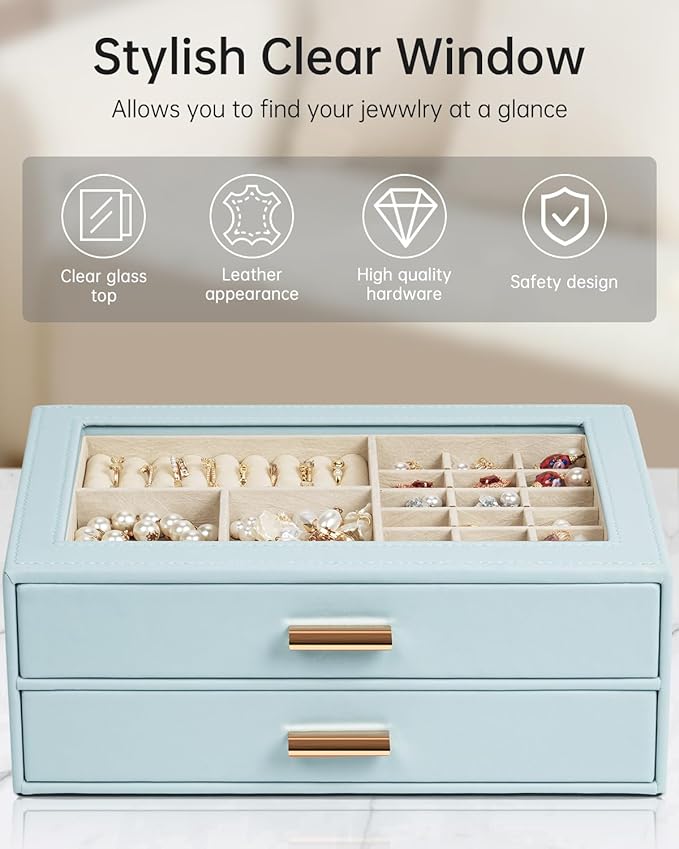 AKOZLIN Jewelry Box with Clear Lid Functional Leather Jewelry Storage Organizer Case 2 Drawers for Women Girls Necklace Ring 