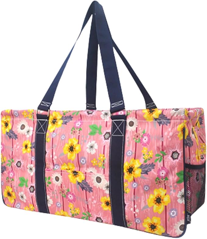 NGIL Extra Large Utility Tote Reusable Grocery Bag Oversized Collapsible for Groceries, Storage, Picnic, Beach (Country Flowers-Navy)