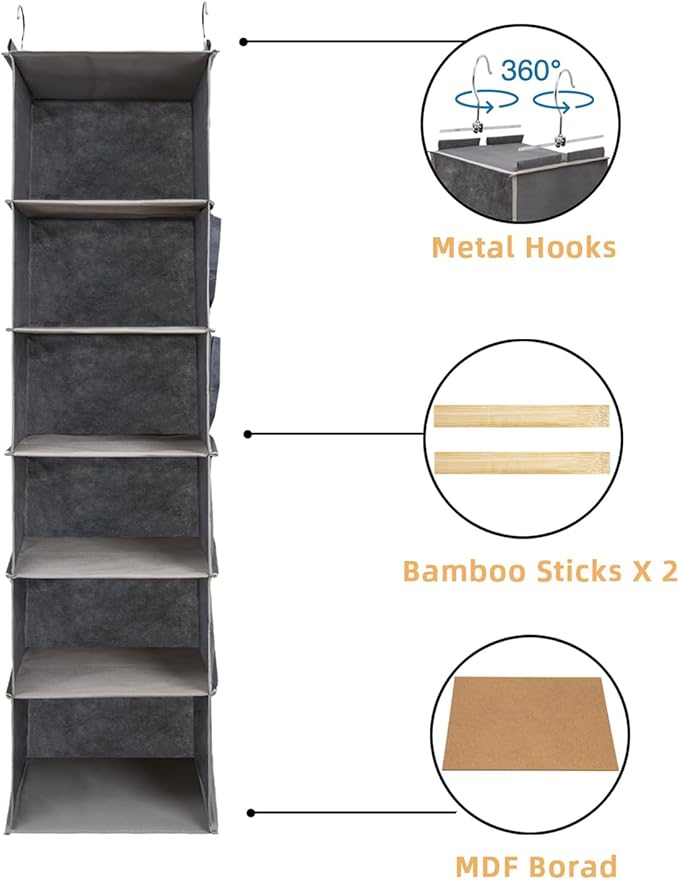 2 Packs Hanging Closet Organizer, 6-Shelf Closet Organizers and Storage with Side Pockets, Collapsible Hanging Shelves for Cl