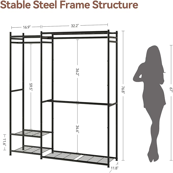 Portable Wardrobe Closet, Clothes Rack for Bedroom with Hanging Area and Storage Shelves, Tall Freestanding Clothes Organizer