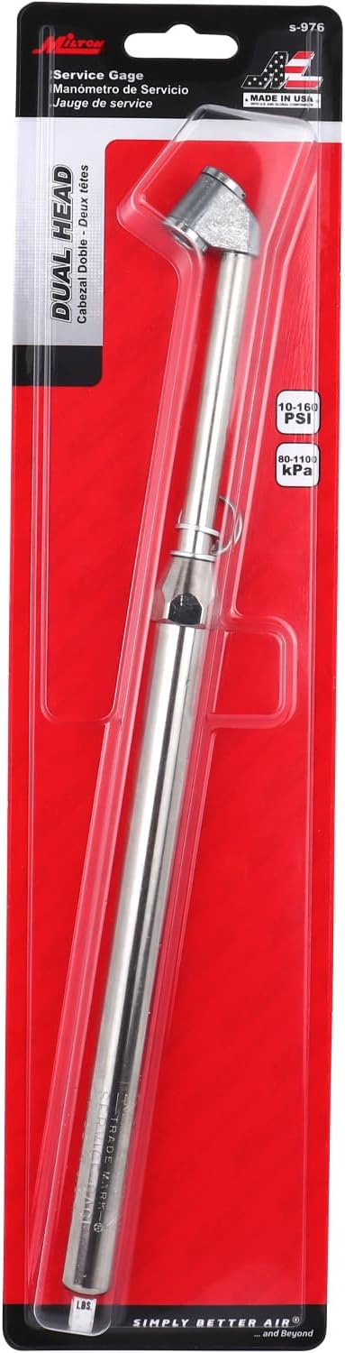 Milton S-976 Dual Head Chuck Tire Pressure Service Gauge, Plated Brass Tube, 12 3/4” 1-160 PSI