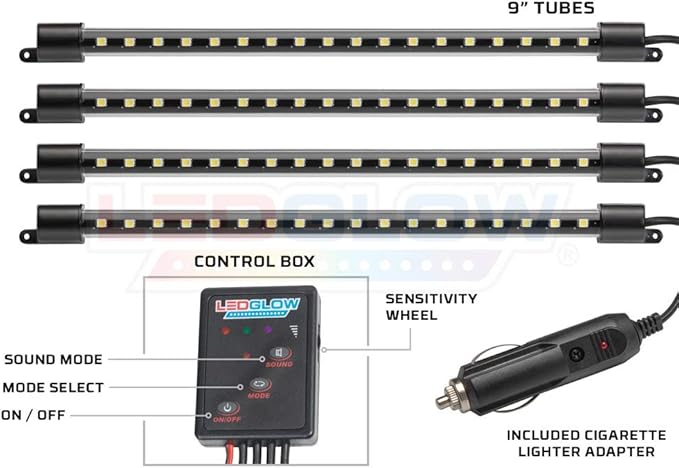 LEDGlow 4pc Blue LED Interior Footwell Underdash Neon Lighting Kit for Cars & Trucks - 7 Unique Patterns - Music Mode - 8 Brightness Levels - Auto Illumination - Includes Cigarette Power Adapter