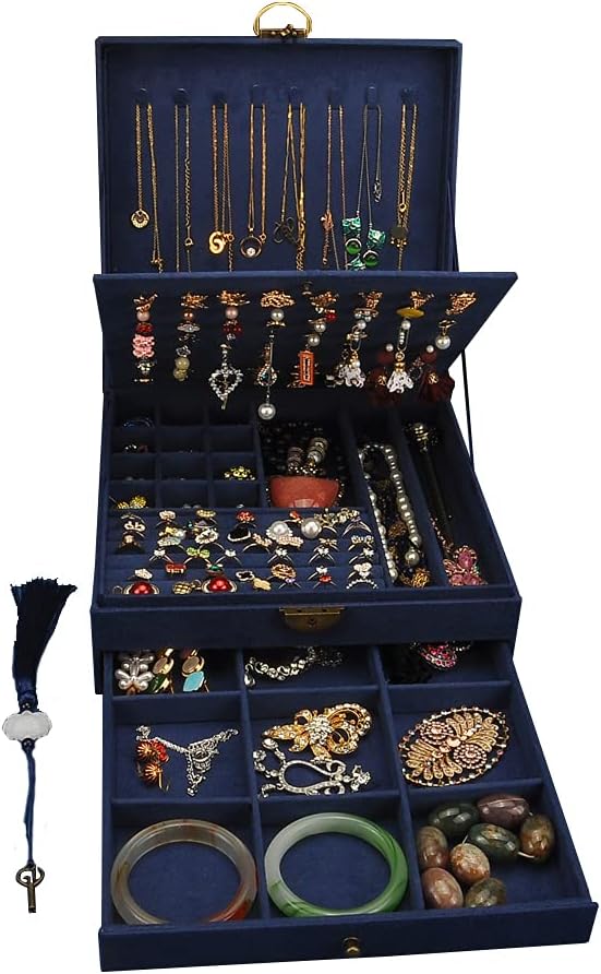 Women Jewelry Box Lockable 3 Layers Large Jewelry Organizer Storage Case for Earrings Necklaces Rings Bracelets,Green Display