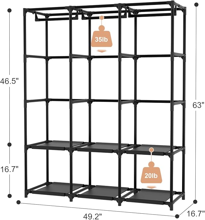 Wardrobe Closet Portable Closets for Hanging Clothes Large Capacity Clothes Rack with Cover, 3 Hanging Rods, 6 Shelves and 8 