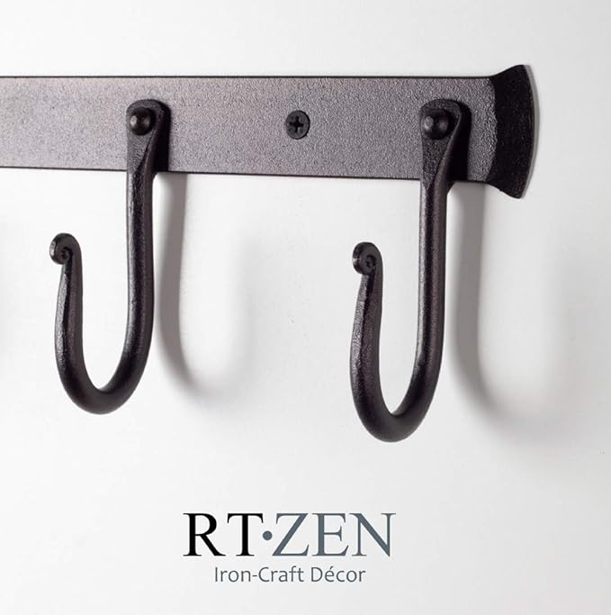 RTZEN Wall Mount Hook Set - Wrought Iron Decorative Rustic Metal Coat Hooks for Hanging - Handcrafted Classic Farmhouse Wall 