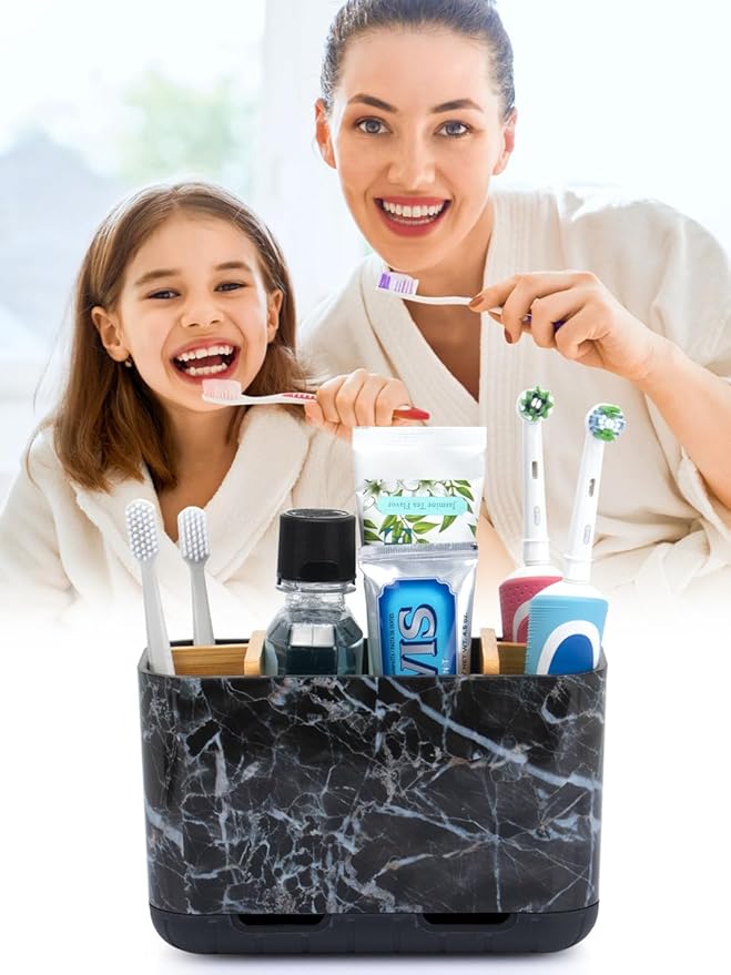 GFWARE Marble Toothbrush Holders, 5 Slots Bamboo Toothbrush and Toothpaste Holder for Bathroom Counter with Drainage, Kids El