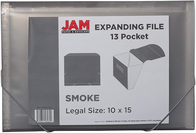 JAM PAPER Accordion Folders - 13 Pocket Plastic Expanding File - Legal Size - 10 x 15 - Smoke Grey - Sold Individually