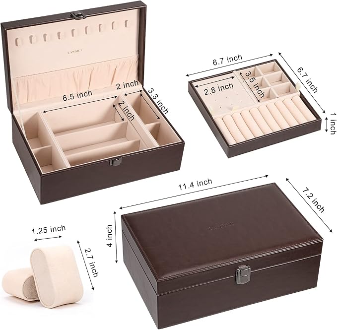 LANDICI Jewelry Box Organizer for Men Women, 2 Layer 4 Slot Watch Storage Case with Removable Tray, PU Leather Large Jeweller