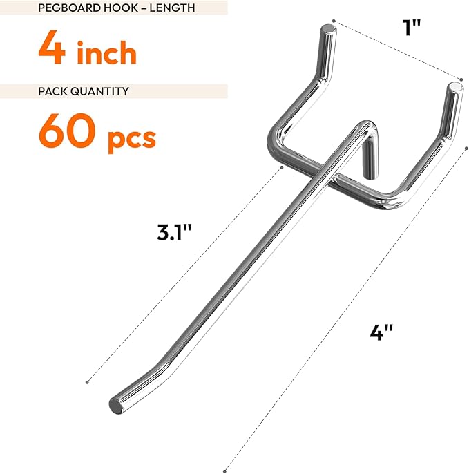 JEAWIWI 60 Pack 4 Inch Metal Pegboard Hooks, Fit 1/4 in and 1/8 in Peg Board Organizer Accessories, for Hanging Storage, Gara