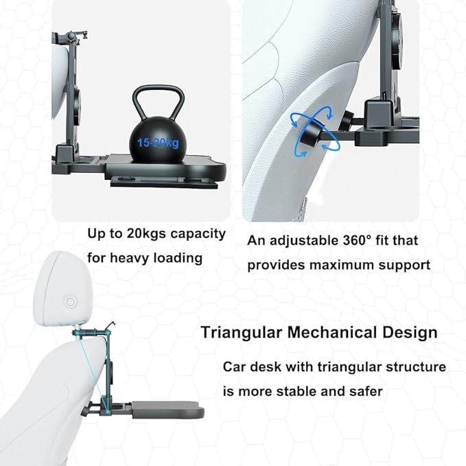 Car Back Seat Tray with Extendable Table, Car Desk for Laptop with Phone Holder, Foldable Trays for Eating & Working, Car Travel Tray Table for Rear Passenger