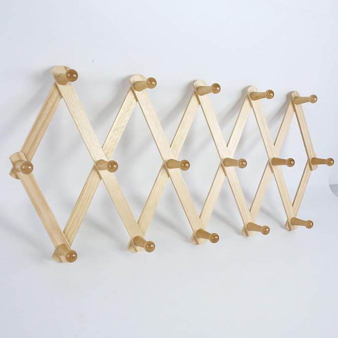 AMAPON Accordion Style Expandable Wall Wooden Coat Rack 16 Hooks (Pegs) Hang Hats Jackets Coffee Mug Purses Necklaces Towels 