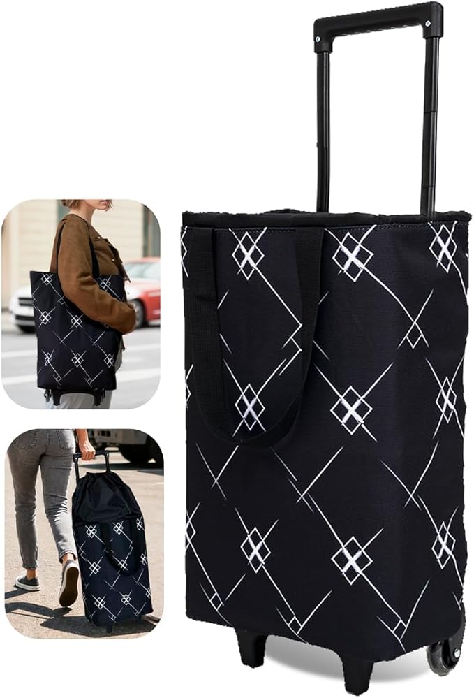 Foldable Rolling Bag, Portable Small Shopping Cart with Wheels, Collapsible Shopping Tote with Stylish Pattern for Market & Grocery Runs–Gift for Women & Seniors, Expandable L, Black