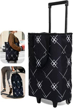 Foldable Rolling Bag, Portable Small Shopping Cart with Wheels, Collapsible Shopping Tote with Stylish Pattern for Market & Grocery Runs–Gift for Women & Seniors, Expandable L, Black