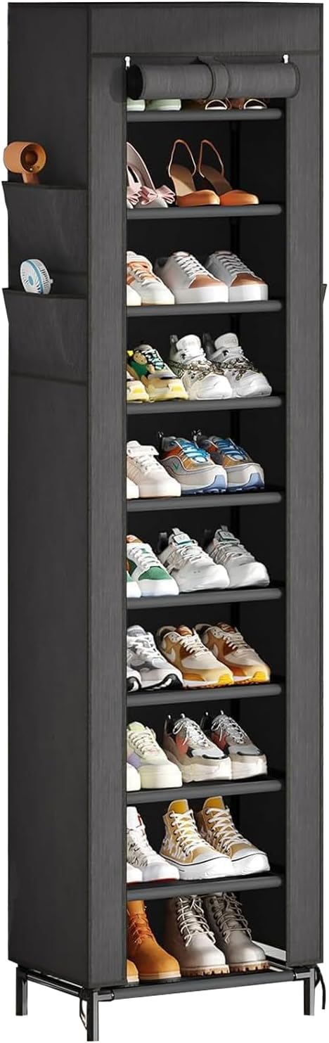 Simple Trending Narrow Shoe Rack with Cover, 10 Tier Shoe Organizer Storage, Tall Free Standing Shoe Cabinet Holds 20 Pairs f