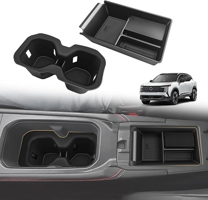 Muslogy Center Console Organizer & Cup Holder Insert 2PCS Set Compatible with 2025 2026 Nissan Kicks Accessories Armrest Box Divider Storage Tray and Drink Stopper Non-Slip (Console Tray & CupHolder)