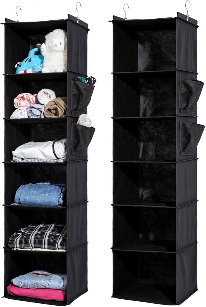2 Packs Hanging Closet Organizer, 6-Shelf Closet Organizers and Storage with Side Pockets, Collapsible Hanging Shelves for Cl