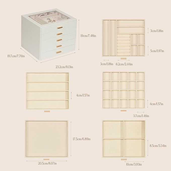 Jewelry Box with Glass Lid, 5-Layer Jewelry Organizer for Women Girls, PU Leather Display Case with 20-Grid Earring Tray & Mo