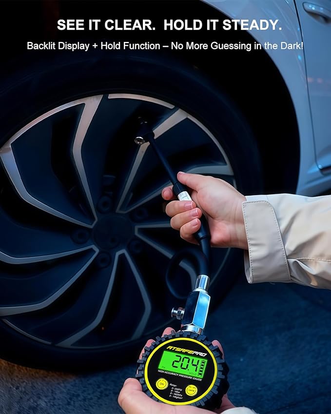 ATsafepro Digital Tire Pressure Gauge - Backlit Display, 200 PSI Accurate Tire Gauge - Hold Function, Long Hose, Dual Head Air Chuck, 4 Units, Bleed Valve, AAA Battery, for Car Truck RV