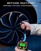 ATsafepro Digital Tire Pressure Gauge - Backlit Display, 200 PSI Accurate Tire Gauge - Hold Function, Long Hose, Dual Head Air Chuck, 4 Units, Bleed Valve, AAA Battery, for Car Truck RV