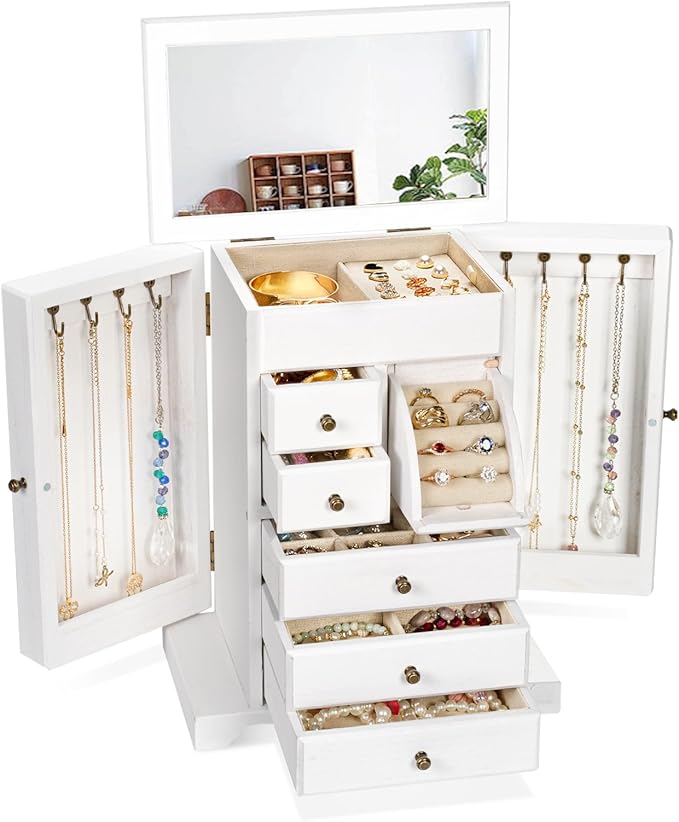 Jewelry Box for Women, Rustic Wooden Jewelry Boxes & Organizers with Mirror & Drawers,6 Layer Jewelry Organizer Box for Rings